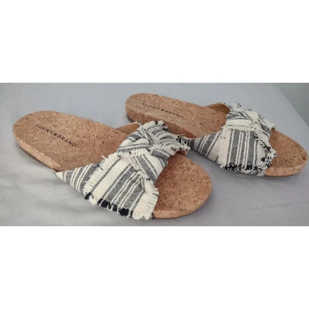 NEW Lucky Brand Floella Size 7M Cork Soled Slide Sandals Tan Fabric Bows